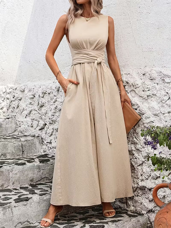 Sleeveless Tie Waist Maxi Dress For Women - Casual Solid Color A Line Sun Dress With Pockets - Summer Beach Vacation 2026