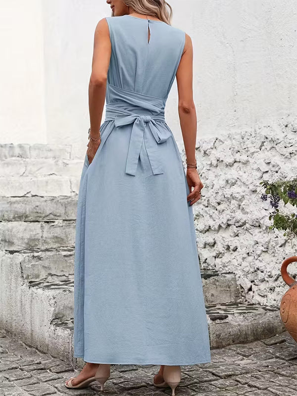 Sleeveless Tie Waist Maxi Dress For Women - Casual Solid Color A Line Sun Dress With Pockets - Summer Beach Vacation 2026