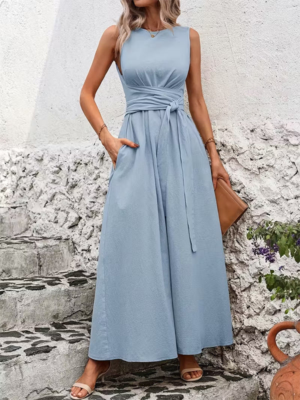 Sleeveless Tie Waist Maxi Dress For Women - Casual Solid Color A Line Sun Dress With Pockets - Summer Beach Vacation 2026