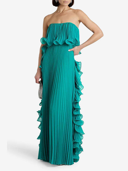 Pleated Strapless Women's Maxi Tube Dress - Ruffle Side Flowy Long Gown - Summer Beach Wedding Guest 2026