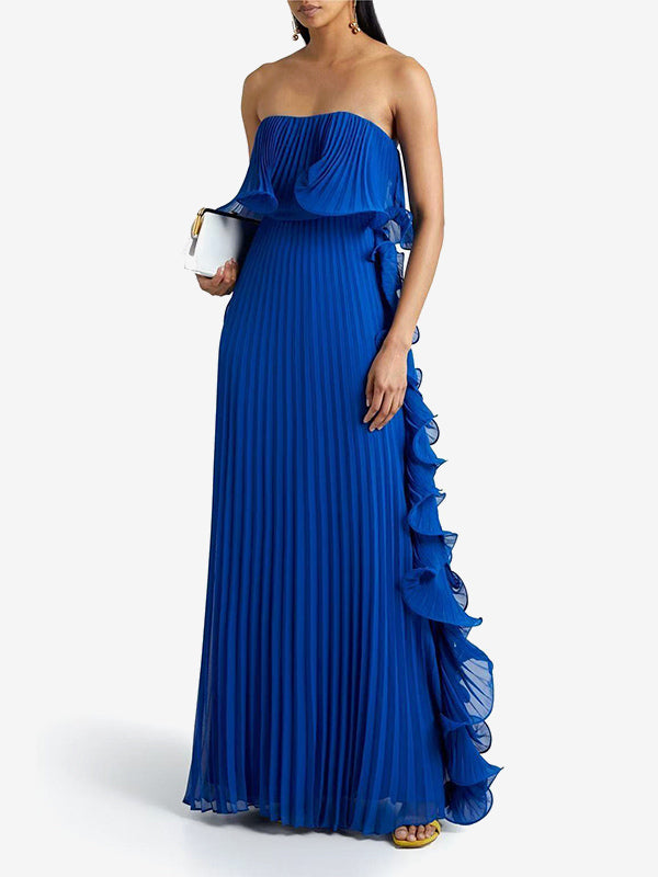 Pleated Strapless Women's Maxi Tube Dress - Ruffle Side Flowy Long Gown - Summer Beach Wedding Guest 2026