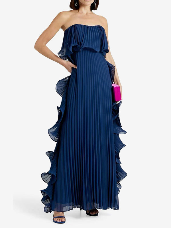 Pleated Strapless Women's Maxi Tube Dress - Ruffle Side Flowy Long Gown - Summer Beach Wedding Guest 2026
