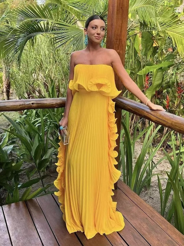 Pleated Strapless Women's Maxi Tube Dress - Ruffle Side Flowy Long Gown - Summer Beach Wedding Guest 2026