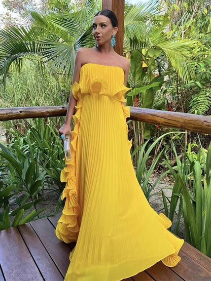 Pleated Strapless Women's Maxi Tube Dress - Ruffle Side Flowy Long Gown - Summer Beach Wedding Guest 2026