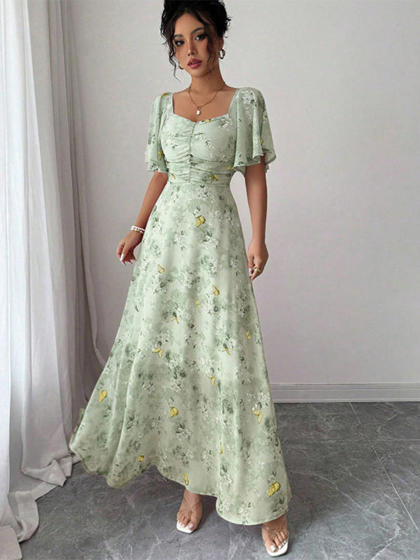 Butterfly Print Women's Chiffon Maxi Dress - Ruched Bust Flutter Sleeve Date Night Dress - Summer Garden Wedding Guest 2026