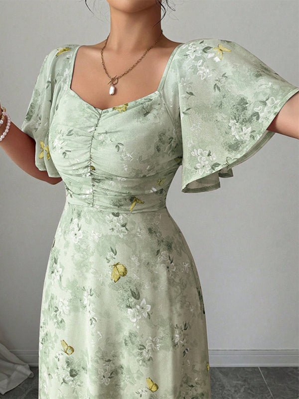 Butterfly Print Women's Chiffon Maxi Dress - Ruched Bust Flutter Sleeve Date Night Dress - Summer Garden Wedding Guest 2026