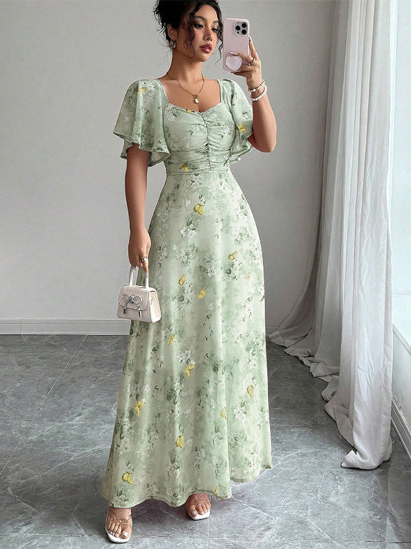 Butterfly Print Women's Chiffon Maxi Dress - Ruched Bust Flutter Sleeve Date Night Dress - Summer Garden Wedding Guest 2026