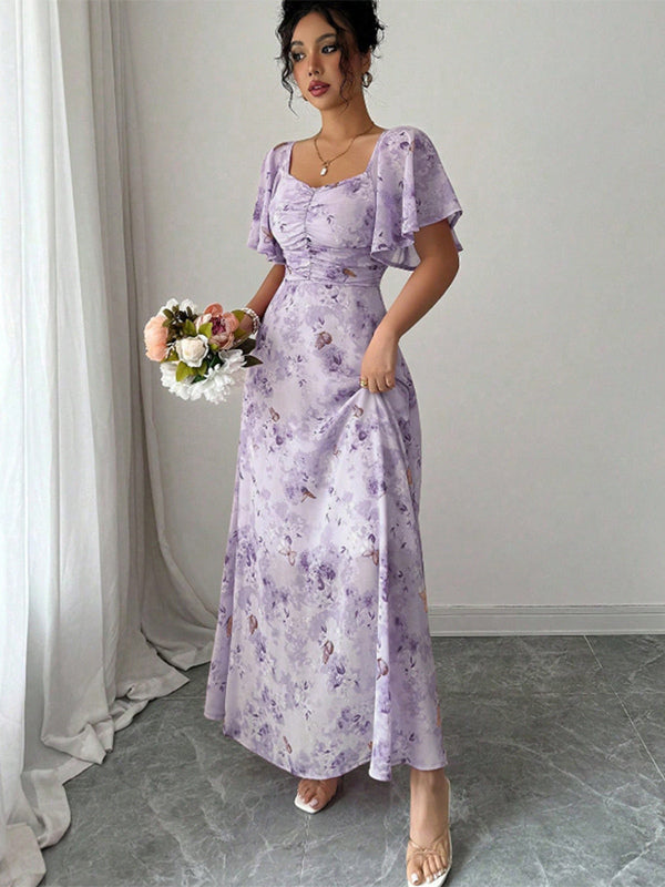 Butterfly Print Women's Chiffon Maxi Dress - Ruched Bust Flutter Sleeve Date Night Dress - Summer Garden Wedding Guest 2026