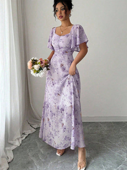 Butterfly Print Women's Chiffon Maxi Dress - Ruched Bust Flutter Sleeve Date Night Dress - Summer Garden Wedding Guest 2026