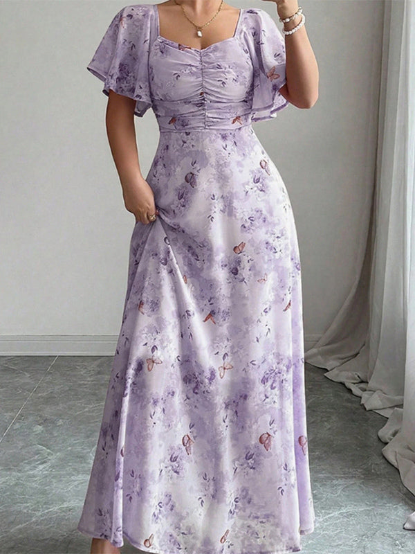 Butterfly Print Women's Chiffon Maxi Dress - Ruched Bust Flutter Sleeve Date Night Dress - Summer Garden Wedding Guest 2026
