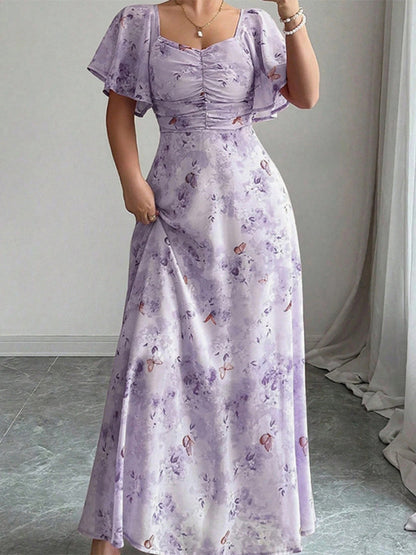 Butterfly Print Women's Chiffon Maxi Dress - Ruched Bust Flutter Sleeve Date Night Dress - Summer Garden Wedding Guest 2026