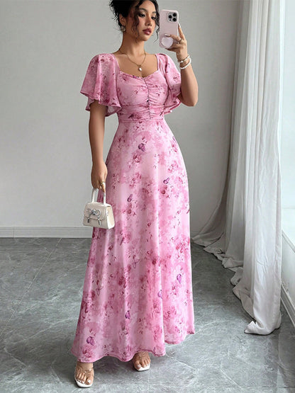 Butterfly Print Women's Chiffon Maxi Dress - Ruched Bust Flutter Sleeve Date Night Dress - Summer Garden Wedding Guest 2026