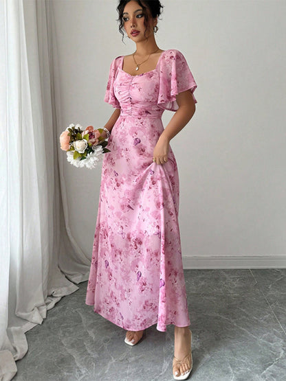 Butterfly Print Women's Chiffon Maxi Dress - Ruched Bust Flutter Sleeve Date Night Dress - Summer Garden Wedding Guest 2026