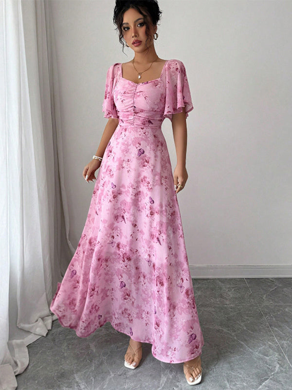 Butterfly Print Women's Chiffon Maxi Dress - Ruched Bust Flutter Sleeve Date Night Dress - Summer Garden Wedding Guest 2026