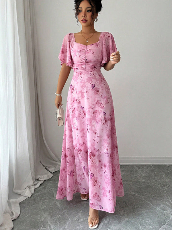 Butterfly Print Women's Chiffon Maxi Dress - Ruched Bust Flutter Sleeve Date Night Dress - Summer Garden Wedding Guest 2026