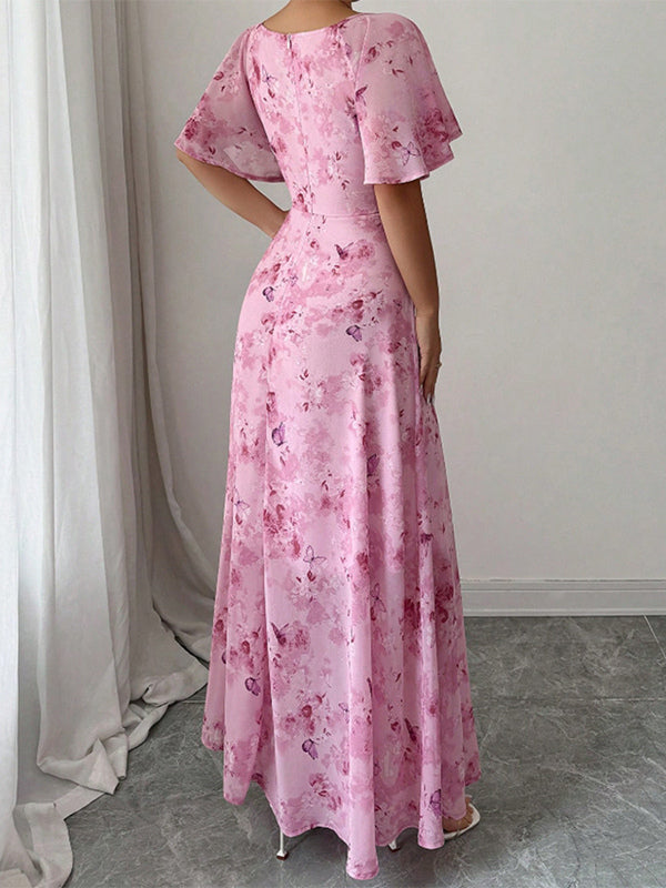 Butterfly Print Women's Chiffon Maxi Dress - Ruched Bust Flutter Sleeve Date Night Dress - Summer Garden Wedding Guest 2026