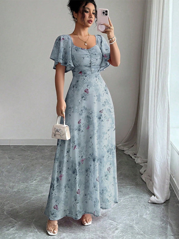 Butterfly Print Women's Chiffon Maxi Dress - Ruched Bust Flutter Sleeve Date Night Dress - Summer Garden Wedding Guest 2026