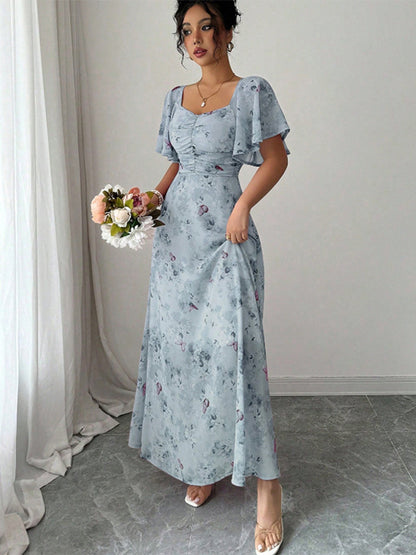 Butterfly Print Women's Chiffon Maxi Dress - Ruched Bust Flutter Sleeve Date Night Dress - Summer Garden Wedding Guest 2026
