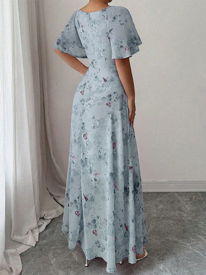 Butterfly Print Women's Chiffon Maxi Dress - Ruched Bust Flutter Sleeve Date Night Dress - Summer Garden Wedding Guest 2026