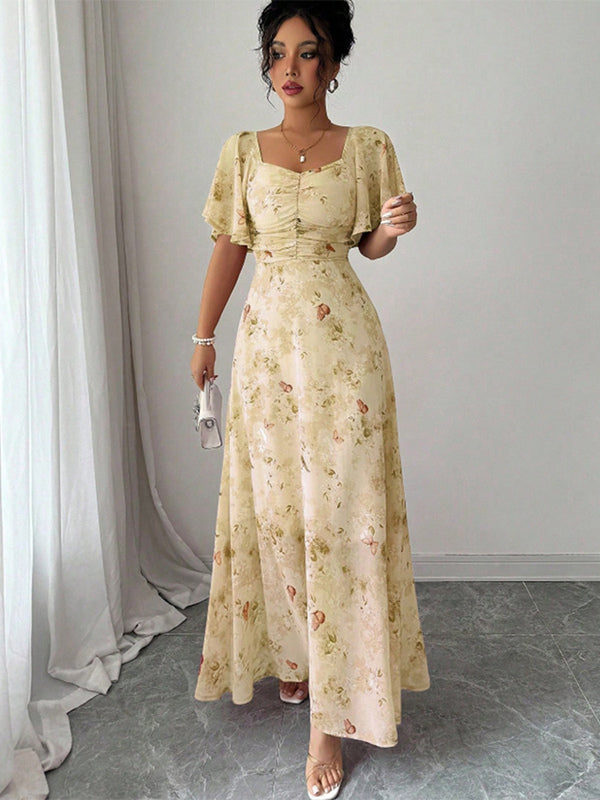Butterfly Print Women's Chiffon Maxi Dress - Ruched Bust Flutter Sleeve Date Night Dress - Summer Garden Wedding Guest 2026