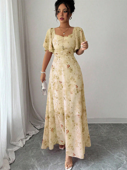 Butterfly Print Women's Chiffon Maxi Dress - Ruched Bust Flutter Sleeve Date Night Dress - Summer Garden Wedding Guest 2026