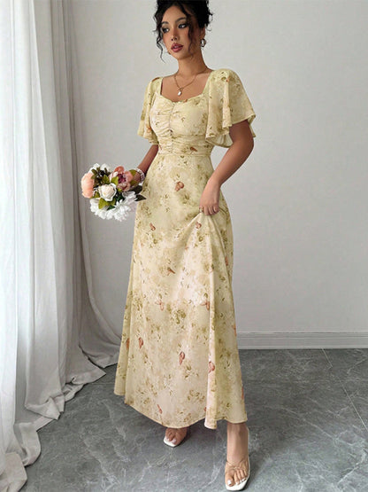 Butterfly Print Women's Chiffon Maxi Dress - Ruched Bust Flutter Sleeve Date Night Dress - Summer Garden Wedding Guest 2026