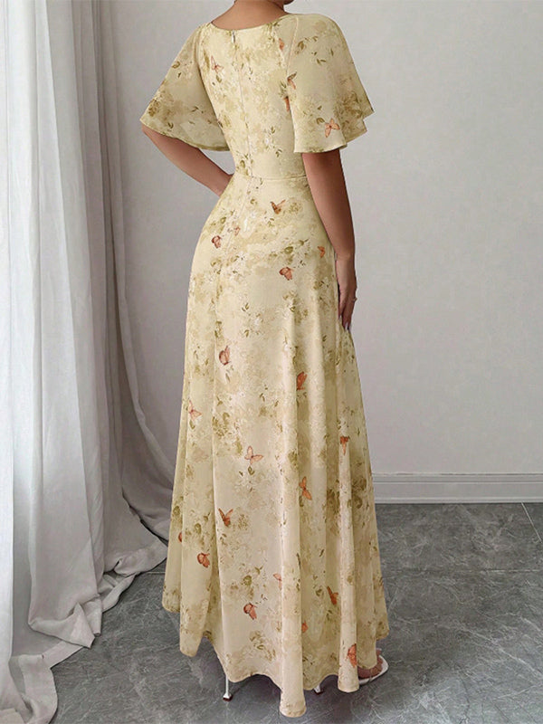 Butterfly Print Women's Chiffon Maxi Dress - Ruched Bust Flutter Sleeve Date Night Dress - Summer Garden Wedding Guest 2026