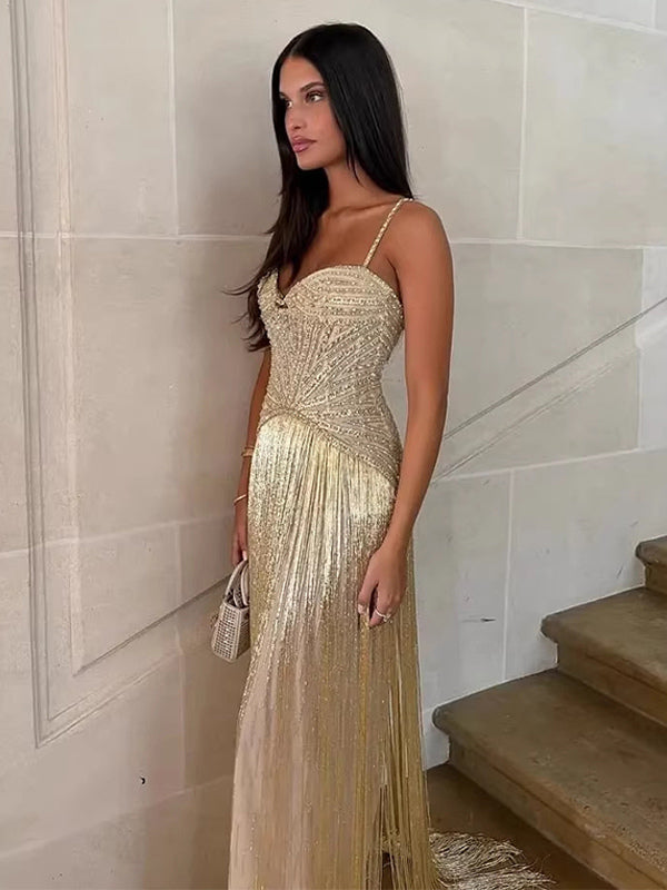 Beaded Fringed Slip Cocktail Dress For Women - Apricot Gatsby Flapper Style Sleeveless Maxi Gown - Summer Party Prom 2026