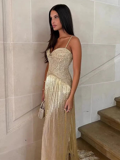 Beaded Fringed Slip Cocktail Dress For Women - Apricot Gatsby Flapper Style Sleeveless Maxi Gown - Summer Party Prom 2026