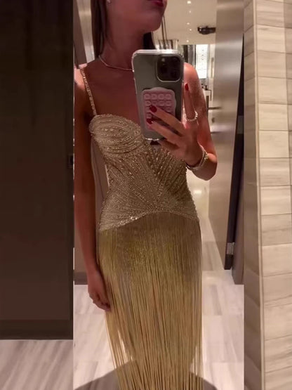 Beaded Fringed Slip Cocktail Dress For Women - Apricot Gatsby Flapper Style Sleeveless Maxi Gown - Summer Party Prom 2026