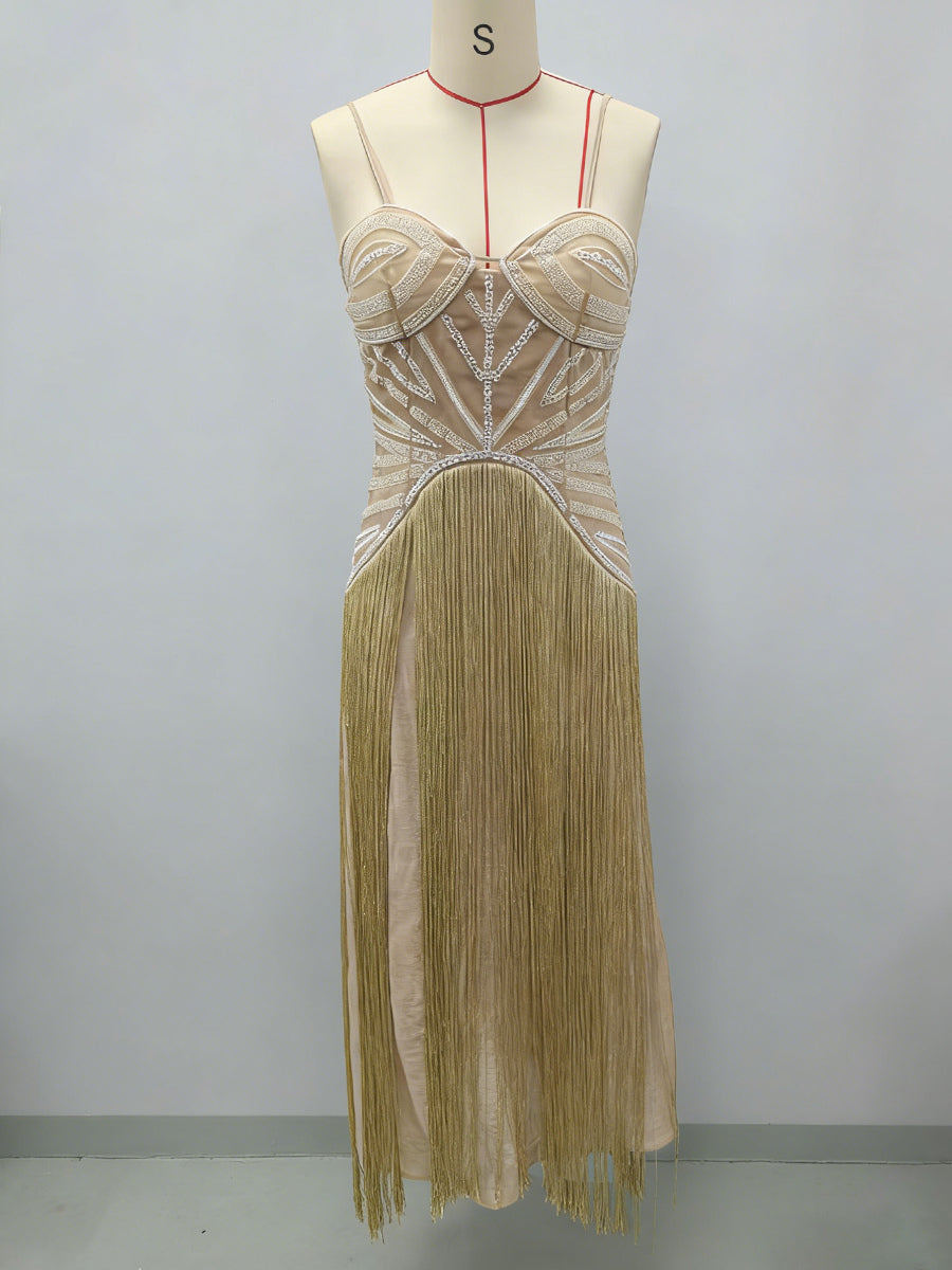 Beaded Fringed Slip Cocktail Dress For Women - Apricot Gatsby Flapper Style Sleeveless Maxi Gown - Summer Party Prom 2026