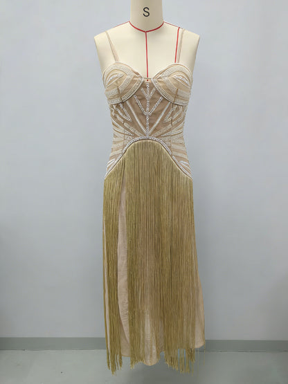 Beaded Fringed Slip Cocktail Dress For Women - Apricot Gatsby Flapper Style Sleeveless Maxi Gown - Summer Party Prom 2026