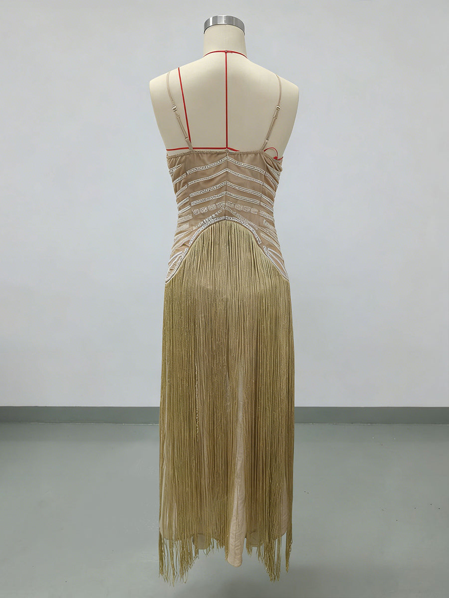 Beaded Fringed Slip Cocktail Dress For Women - Apricot Gatsby Flapper Style Sleeveless Maxi Gown - Summer Party Prom 2026
