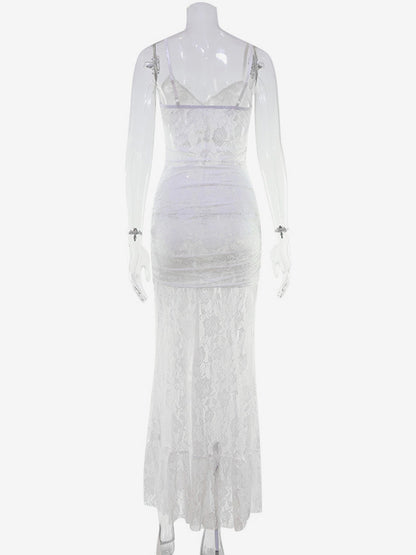 Sheer Lace Ruffle Maxi Slip Dress For Women - White Sexy High-Low Hem Spaghetti Strap Bodycon Gown - Summer Gala Party 2026