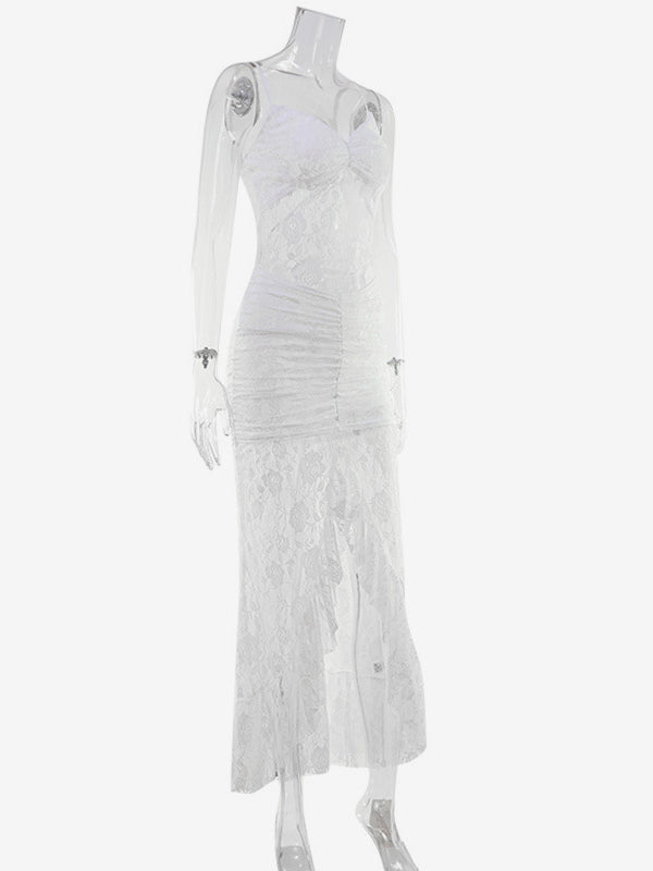 Sheer Lace Ruffle Maxi Slip Dress For Women - White Sexy High-Low Hem Spaghetti Strap Bodycon Gown - Summer Gala Party 2026