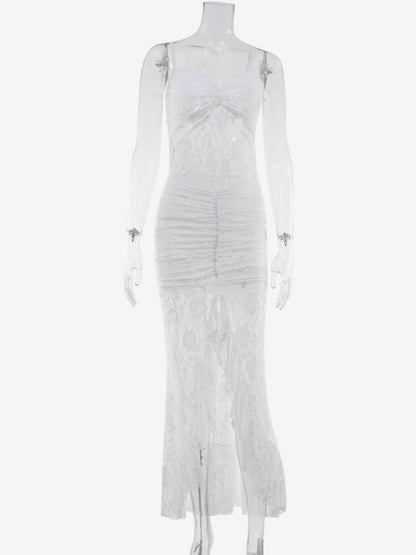 Sheer Lace Ruffle Maxi Slip Dress For Women - White Sexy High-Low Hem Spaghetti Strap Bodycon Gown - Summer Gala Party 2026
