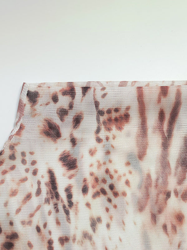 Leopard Print Mesh Mini Dress For Women - Mock Neck Long Sleeve Draped Train Bodycon - Spring Night Out Club Party 2026