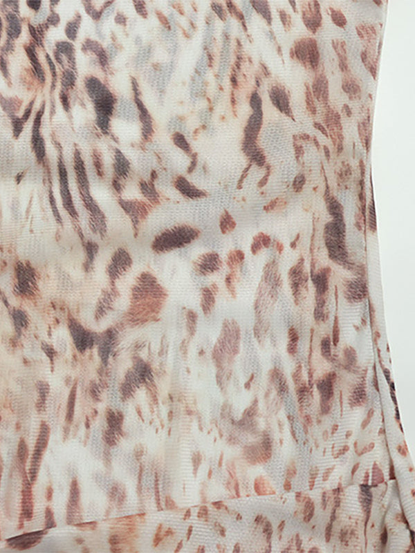 Leopard Print Mesh Mini Dress For Women - Mock Neck Long Sleeve Draped Train Bodycon - Spring Night Out Club Party 2026