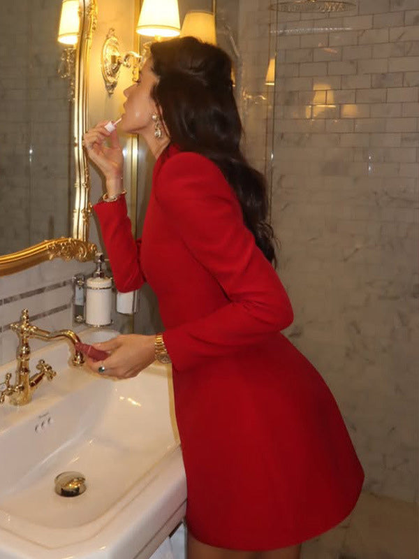 Keyhole Neck Mini Dress For Women - Red Elegant Padded Shoulder Long Sleeve Slim Fit Bodycon - Spring Date Night 2026