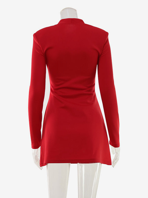 Keyhole Neck Mini Dress For Women - Red Elegant Padded Shoulder Long Sleeve Slim Fit Bodycon - Spring Date Night 2026