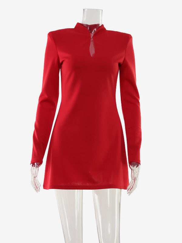Keyhole Neck Mini Dress For Women - Red Elegant Padded Shoulder Long Sleeve Slim Fit Bodycon - Spring Date Night 2026