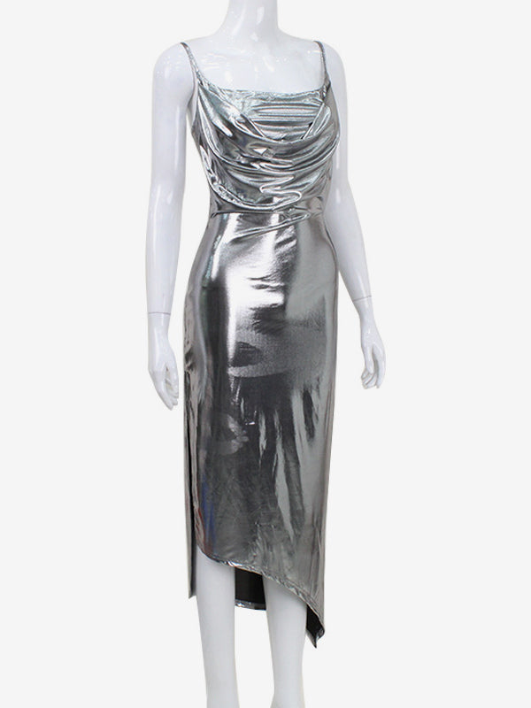 Metallic Cowl Neck Slip Dress For Women - Silver Sexy Cut Out Back Asymmetrical Midi Slit Dress - Summer Night Club Party 2026