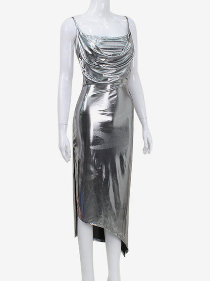 Metallic Cowl Neck Slip Dress For Women - Silver Sexy Cut Out Back Asymmetrical Midi Slit Dress - Summer Night Club Party 2026