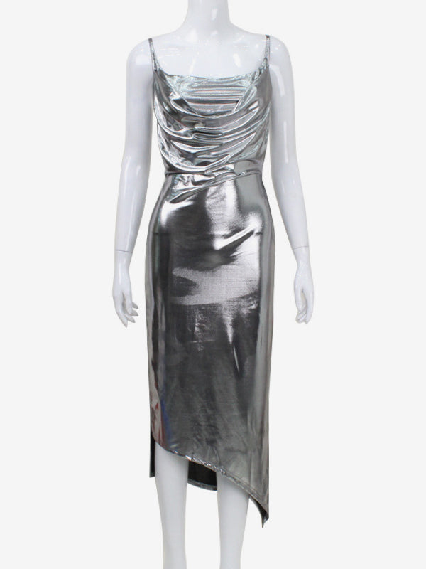 Metallic Cowl Neck Slip Dress For Women - Silver Sexy Cut Out Back Asymmetrical Midi Slit Dress - Summer Night Club Party 2026