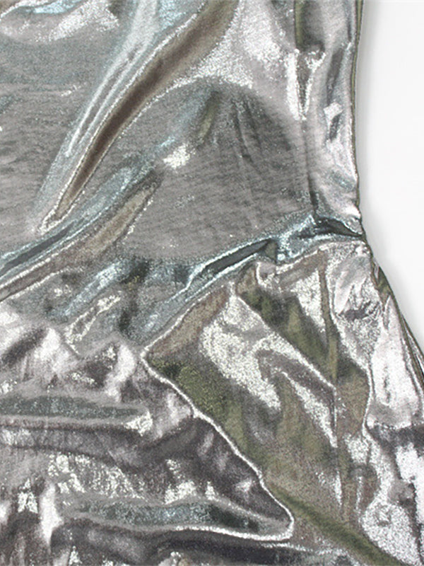 Metallic Cowl Neck Slip Dress For Women - Silver Sexy Cut Out Back Asymmetrical Midi Slit Dress - Summer Night Club Party 2026