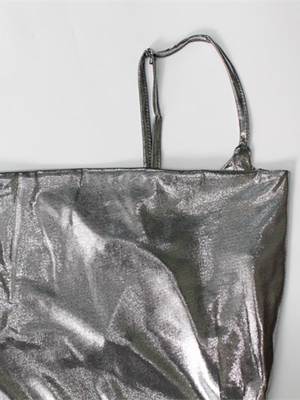 Metallic Cowl Neck Slip Dress For Women - Silver Sexy Cut Out Back Asymmetrical Midi Slit Dress - Summer Night Club Party 2026