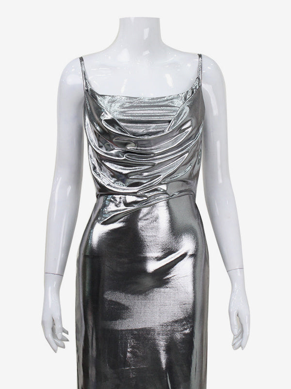 Metallic Cowl Neck Slip Dress For Women - Silver Sexy Cut Out Back Asymmetrical Midi Slit Dress - Summer Night Club Party 2026
