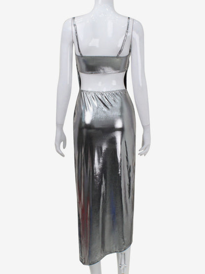 Metallic Cowl Neck Slip Dress For Women - Silver Sexy Cut Out Back Asymmetrical Midi Slit Dress - Summer Night Club Party 2026