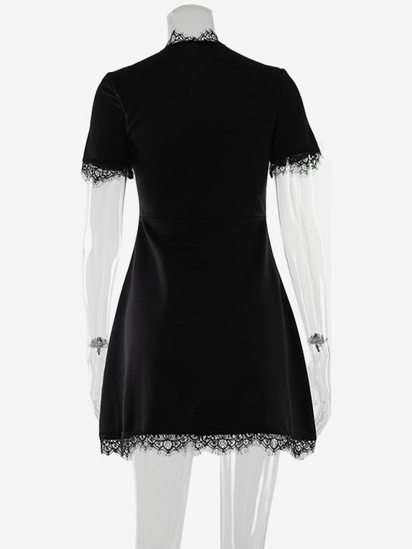 Lace Trim Keyhole Mini Dress For Women - Black Elegant High Neck Short Sleeve A-Line Dress - Spring Birthday Party 2026