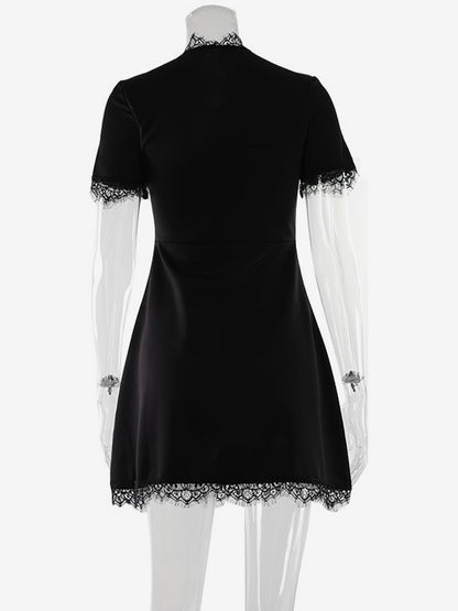 Lace Trim Keyhole Mini Dress For Women - Black Elegant High Neck Short Sleeve A-Line Dress - Spring Birthday Party 2026